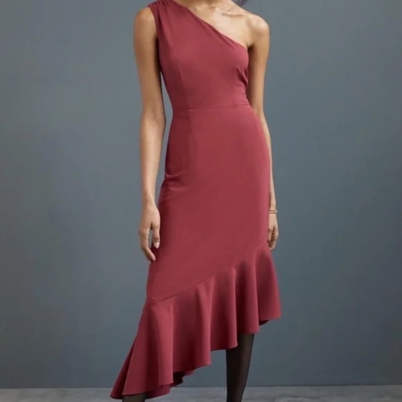 Anthropologie Hutch One-Shoulder Ruffle Burgundy Red Assymetrical Maxi Dress